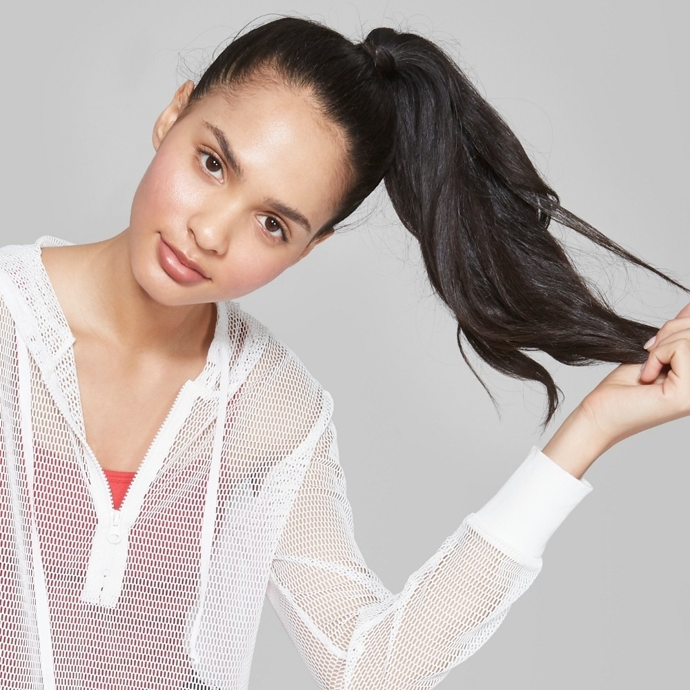White mesh half zip hoodie crop top